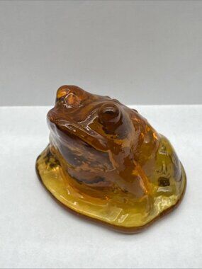 Art Glass Amber Frog Paperweight Figurine MCM